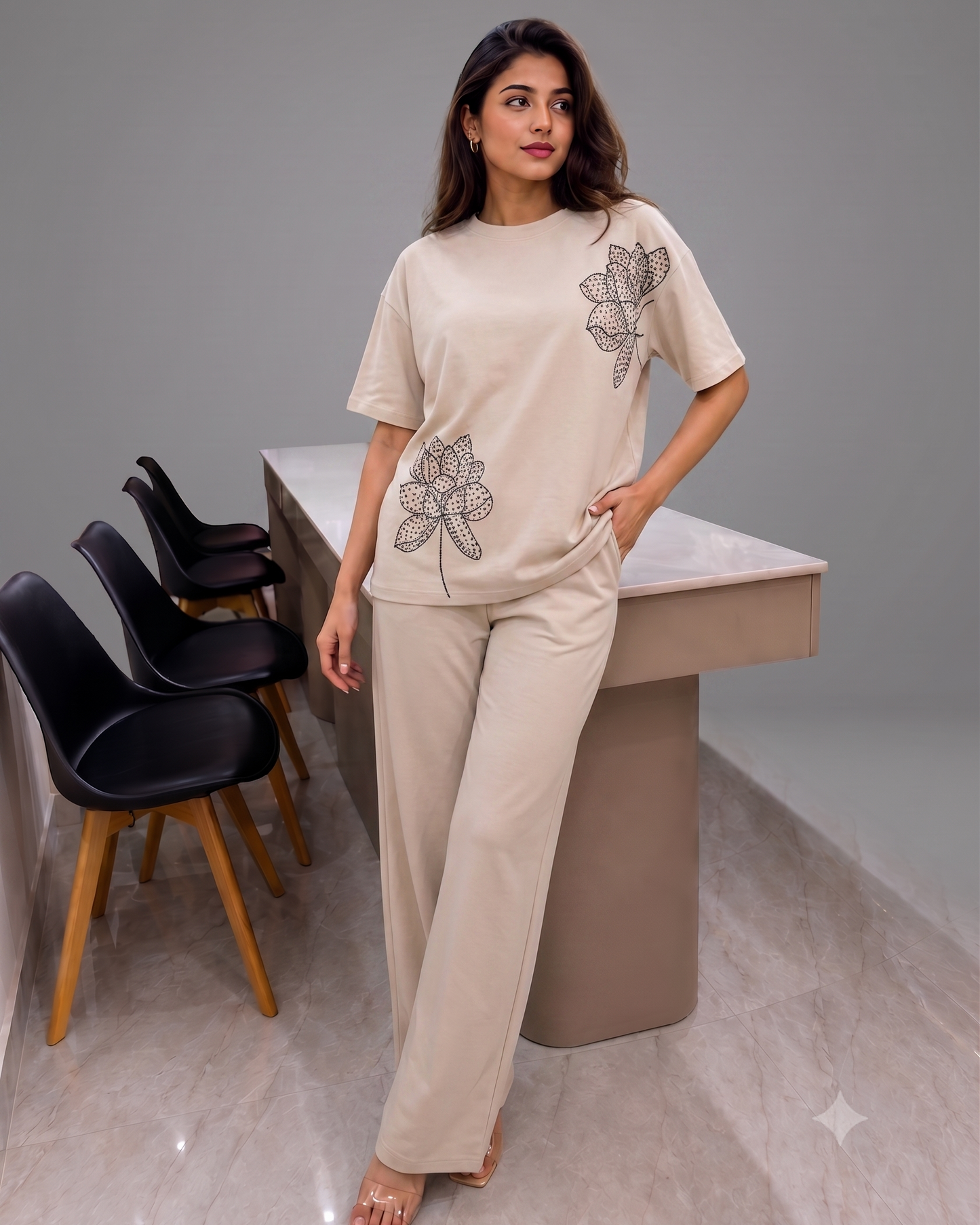 Chic Studded Botanical Drop Shoulder Top