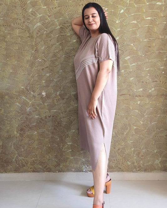 Beige Striped Midi Dress