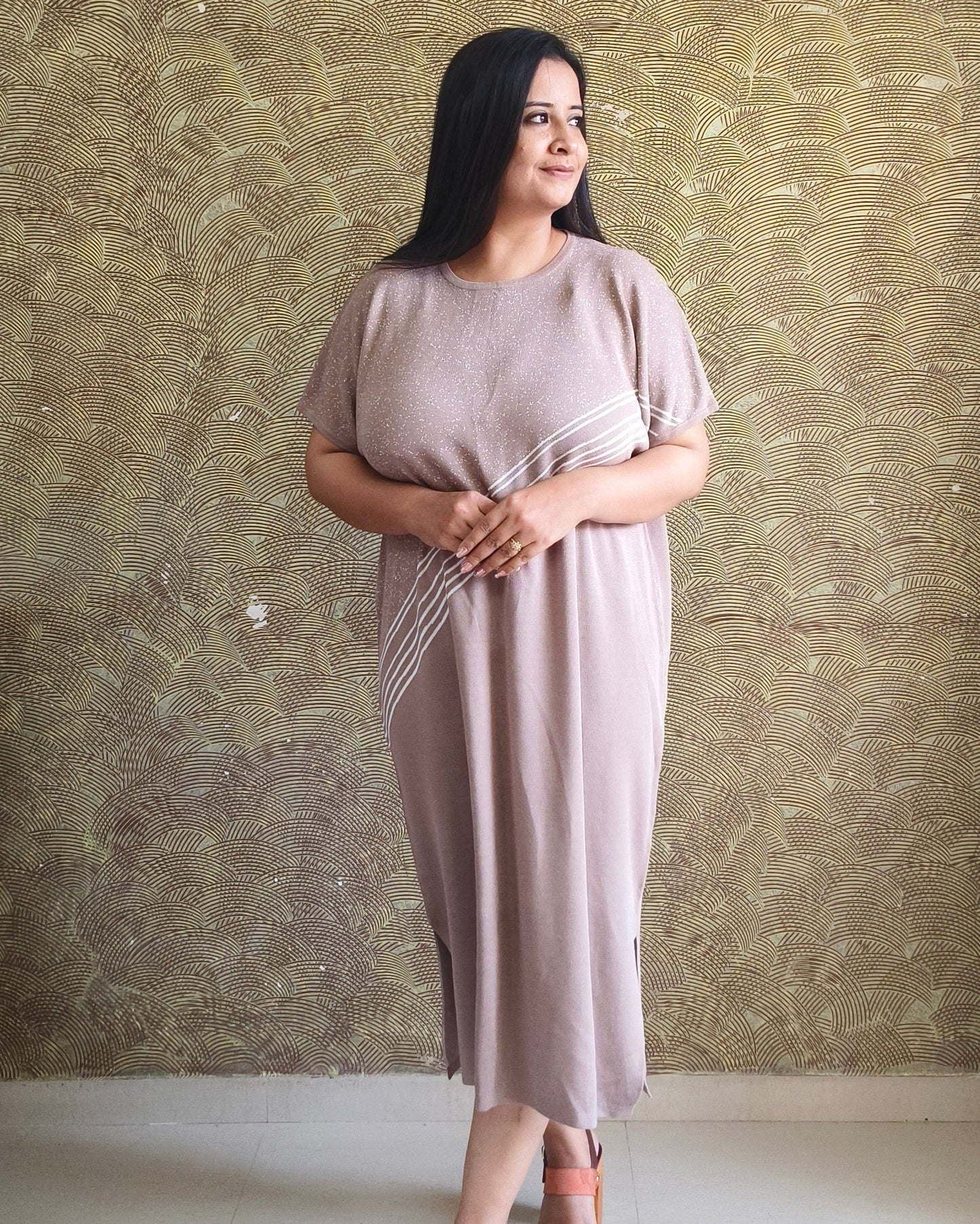 Beige Striped Midi Dress