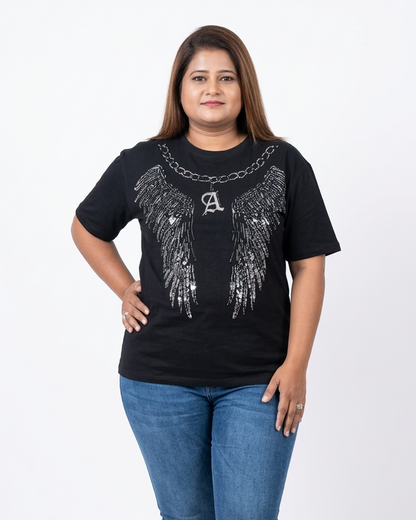 Crystal Wing & Rosary Rhinestone T-Shirt