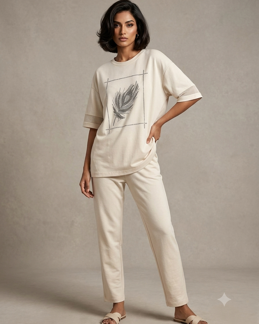 Relaxed Fit Feather Motif T-Shirt