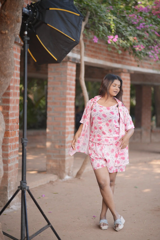 Pink Printed Co-ord Set with Shirt & Shorts