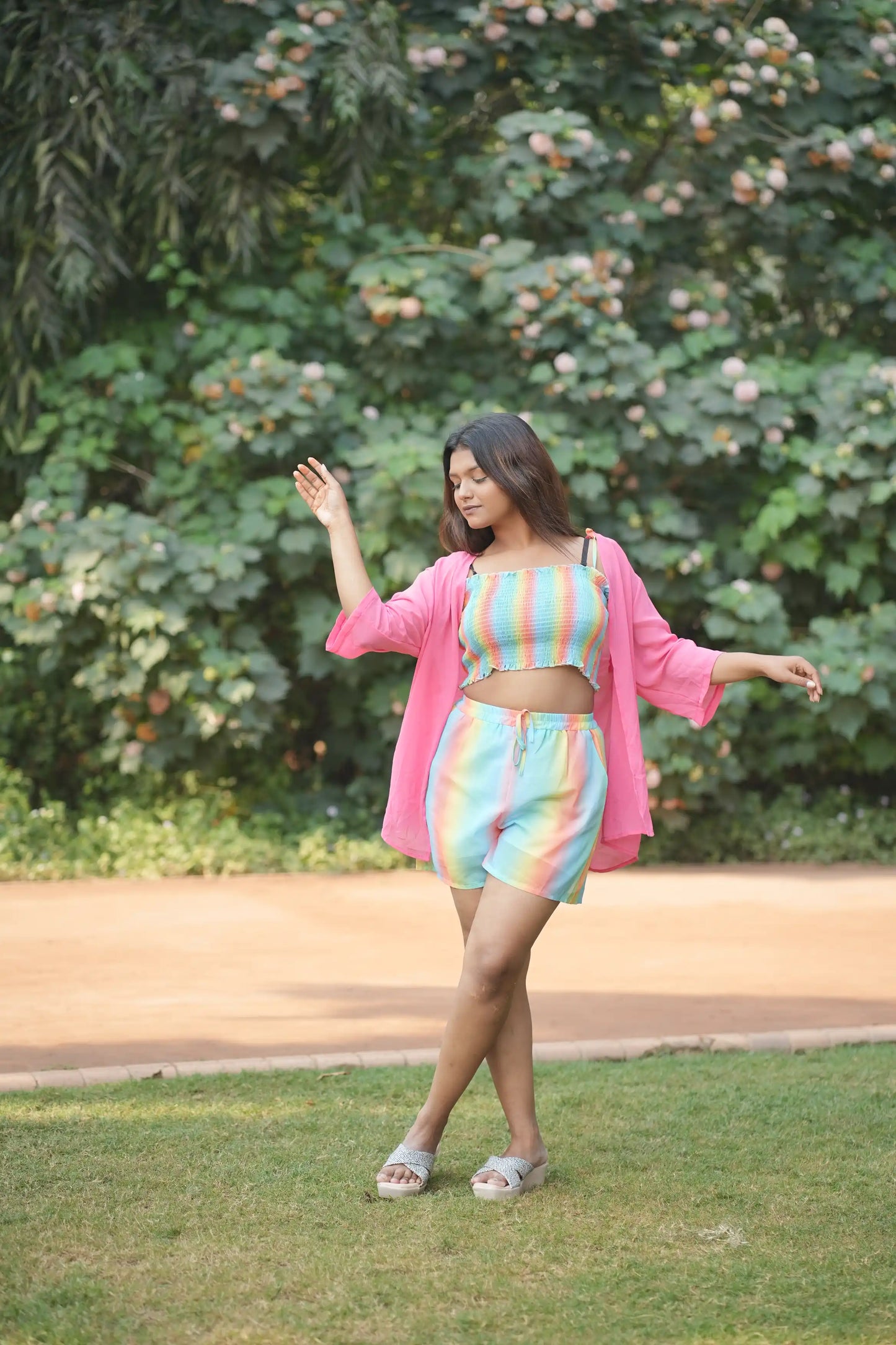 Rainbow Print Co-ord Set with Pink Shrug