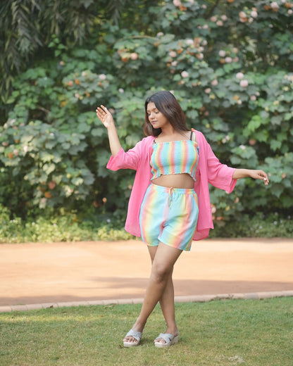 Rainbow Print Co-ord Set with Pink Shrug