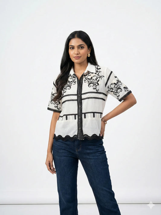 Monochrome Muse: Embroidered Scalloped Hem Shirt