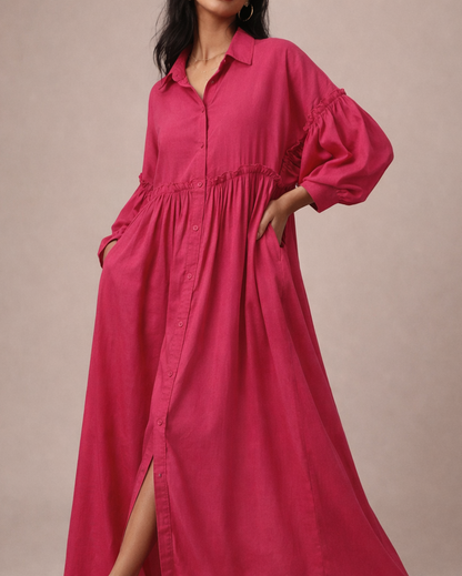 Chic Pleated Maxi Shirt Dress