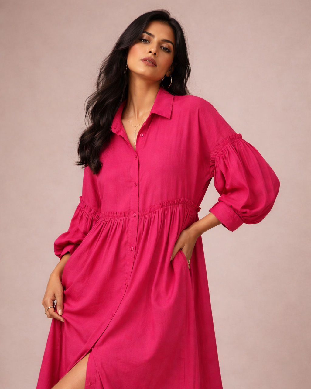 Chic Pleated Maxi Shirt Dress