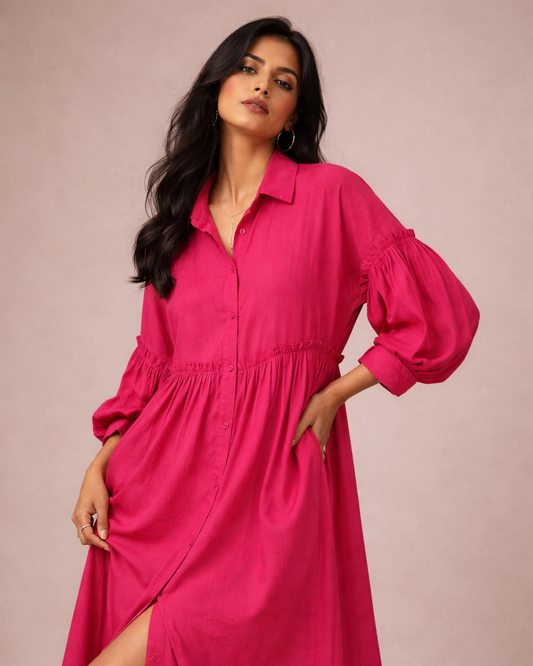 Chic Pleated Maxi Shirt Dress