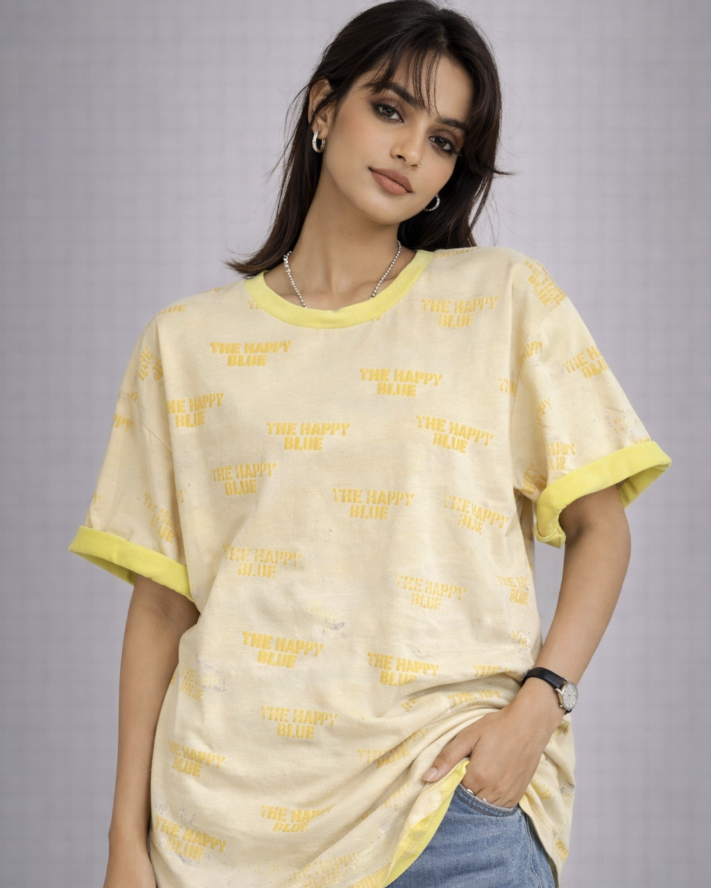 Happy Blue Print Oversized Cotton T-Shirt