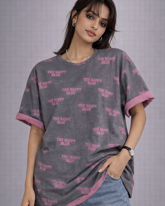 Happy Blue Print Oversized Cotton T-Shirt