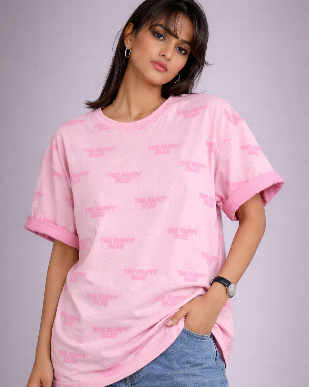Happy Blue Print Oversized Cotton T-Shirt