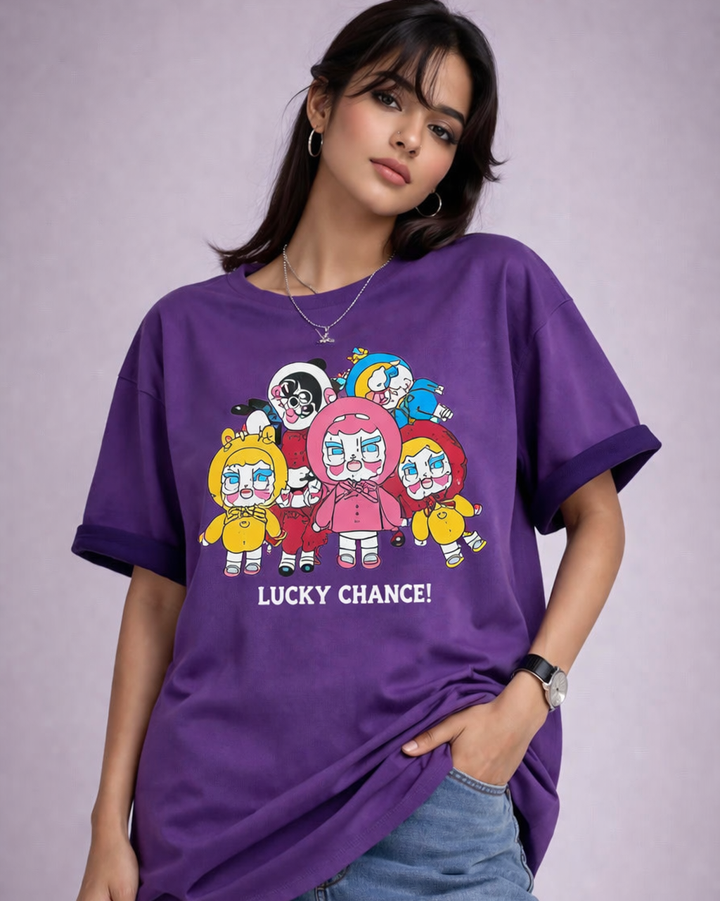 Women’s Oversized Black Graphic T-Shirt – Lucky Chance Cartoon Print Tee