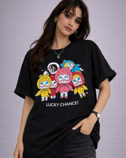 Women’s Oversized Black Graphic T-Shirt – Lucky Chance Cartoon Print Tee