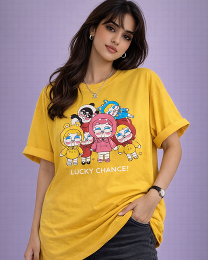 Women’s Oversized Black Graphic T-Shirt – Lucky Chance Cartoon Print Tee