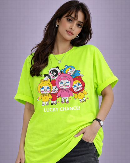 Women’s Oversized Black Graphic T-Shirt – Lucky Chance Cartoon Print Tee
