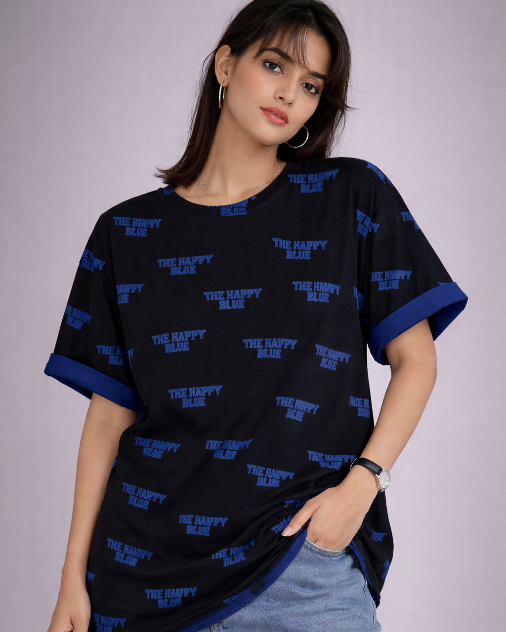 Happy Blue Print Oversized Cotton T-Shirt