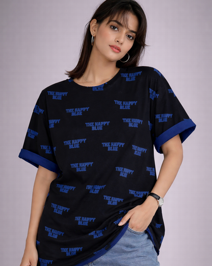 Happy Blue Print Oversized Cotton T-Shirt