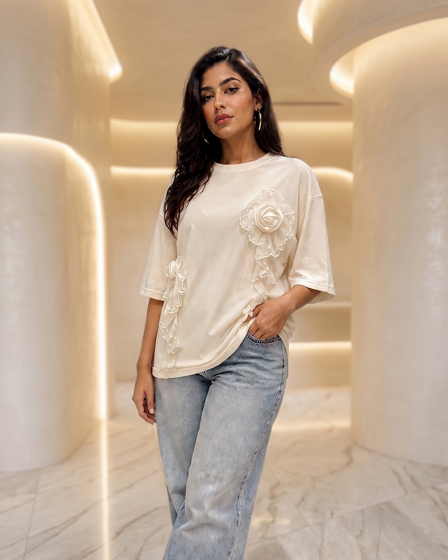 Oversized 3D Rose Appliqué Top