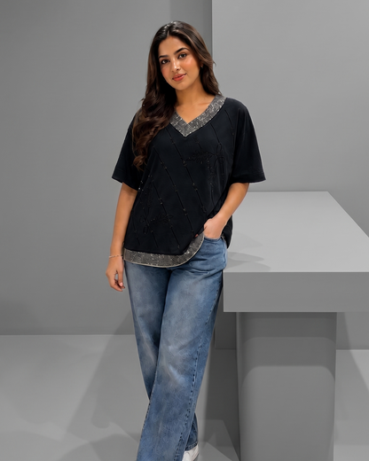Embellished V-Neck Relaxed Top