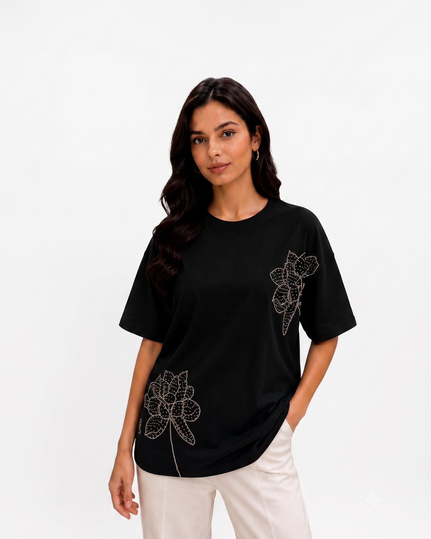 Chic Studded Botanical Drop Shoulder Top