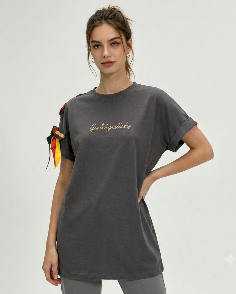 Embroidered Ribbon-Sleeve Top
