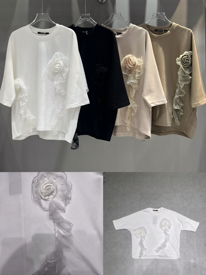 Oversized 3D Rose Appliqué Top