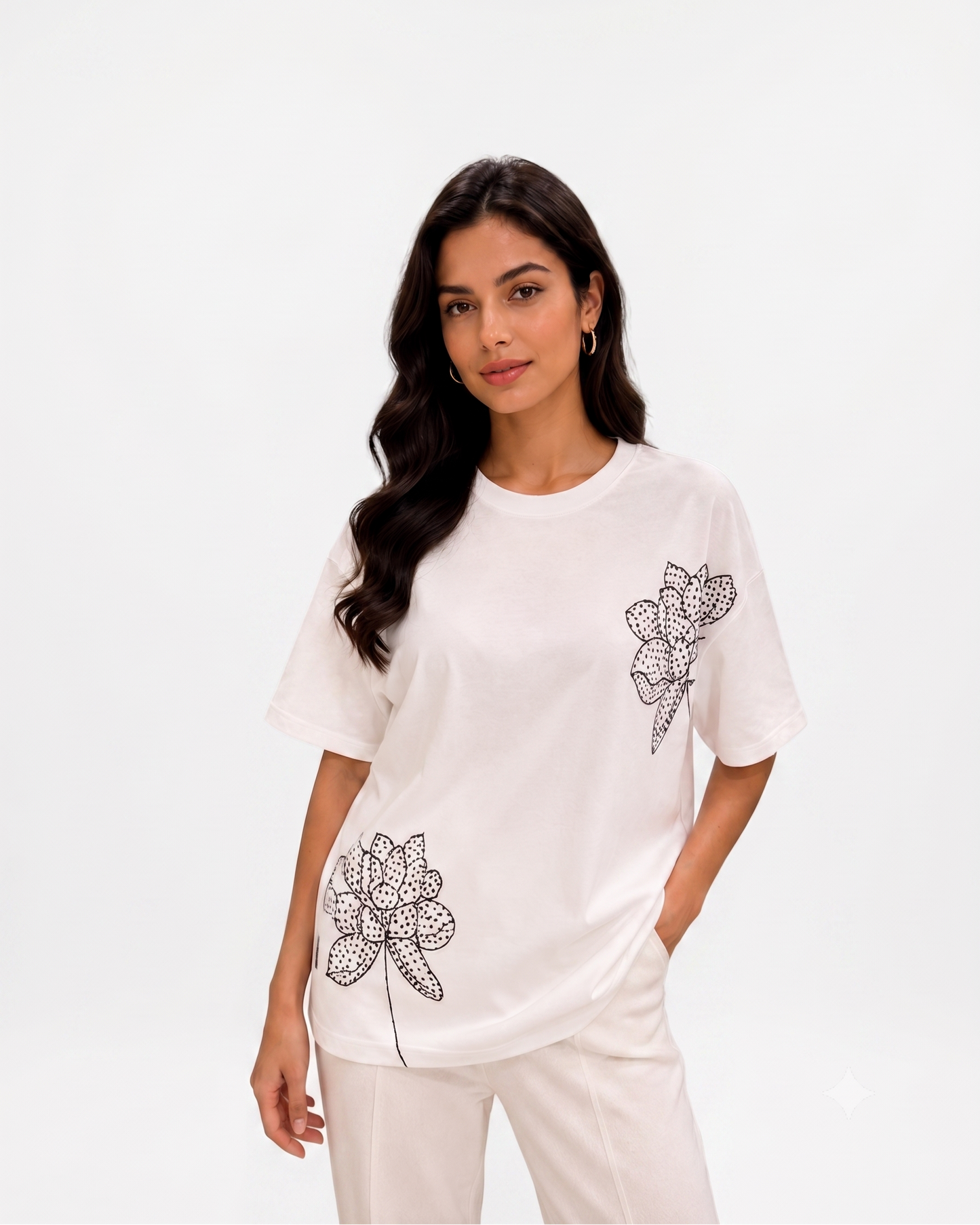Chic Studded Botanical Drop Shoulder Top