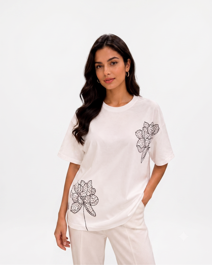 Chic Studded Botanical Drop Shoulder Top