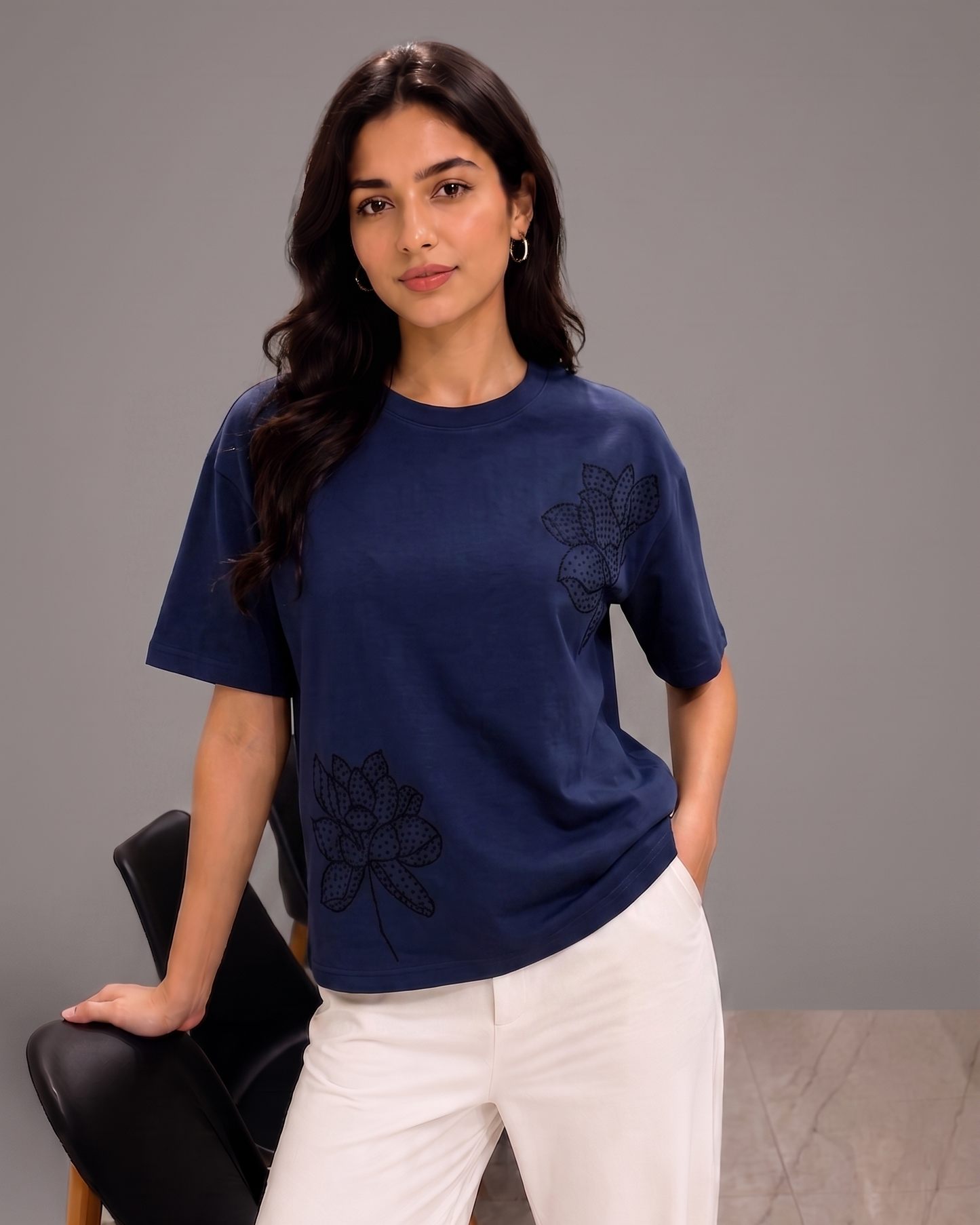 Chic Studded Botanical Drop Shoulder Top