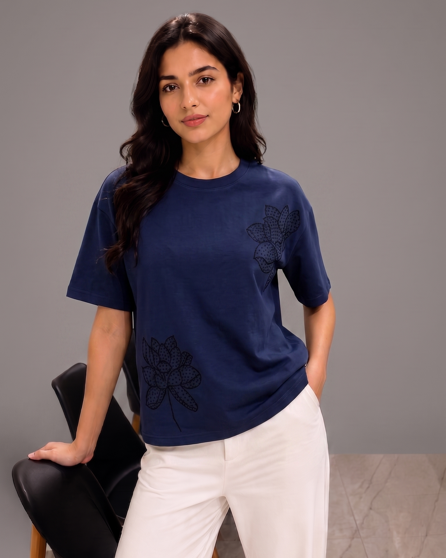 Chic Studded Botanical Drop Shoulder Top