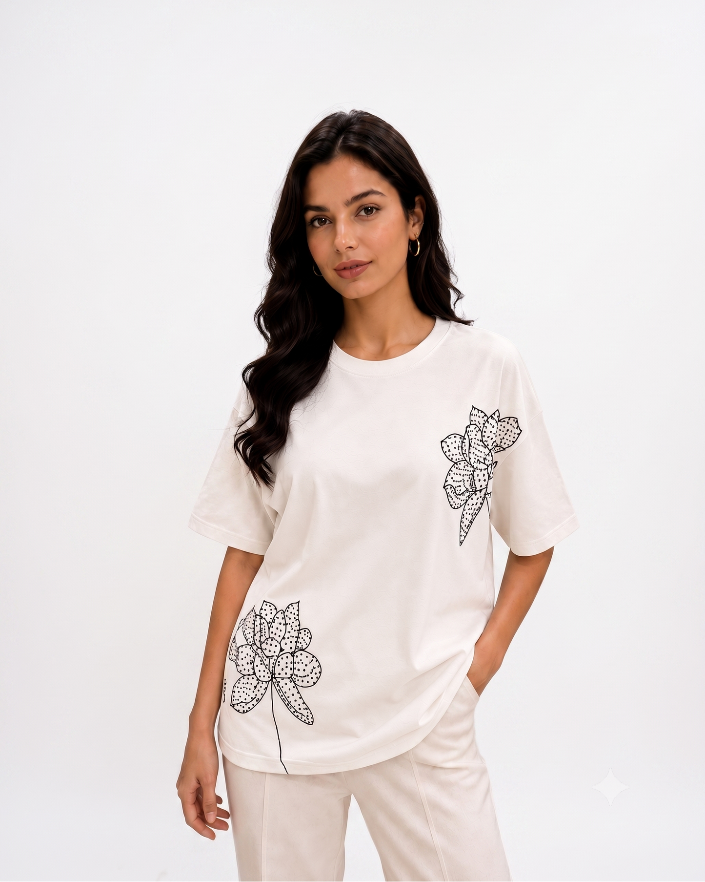 Chic Studded Botanical Drop Shoulder Top