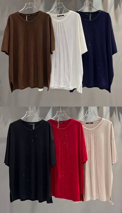 Rhinestone Pinstripe Half-Sleeve Tunic