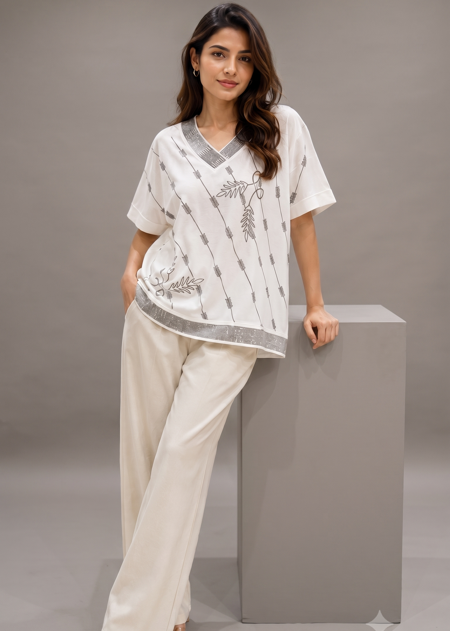 Embellished V-Neck Relaxed Top