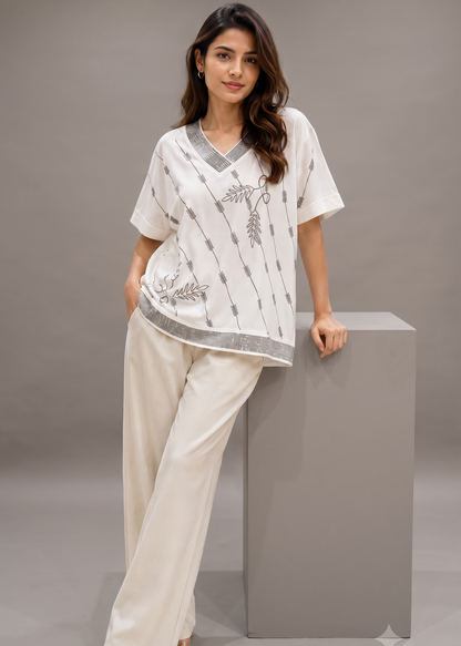 Embellished V-Neck Relaxed Top