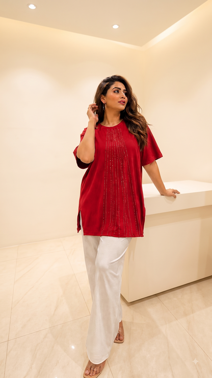 Rhinestone Pinstripe Half-Sleeve Tunic