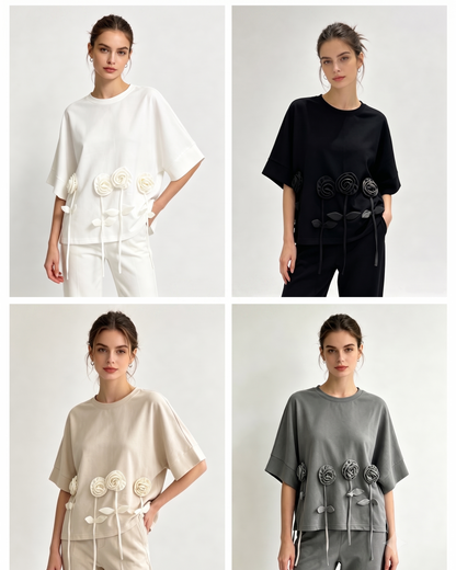 Embellished Rose Drop-Shoulder Tee