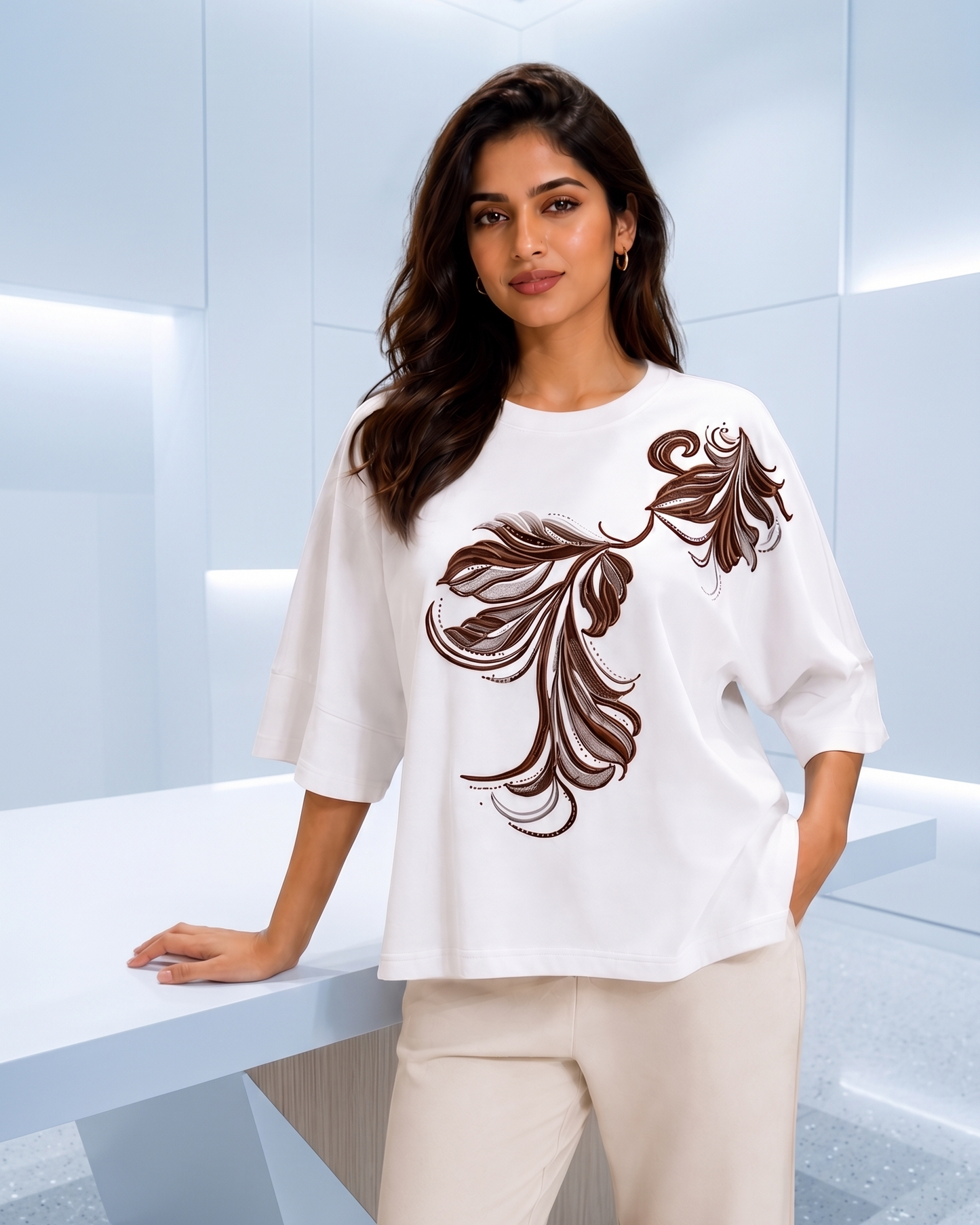 Elegant Leaf Print Drop-Shoulder Top