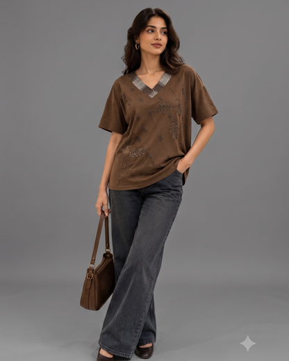 Embellished V-Neck Relaxed Top