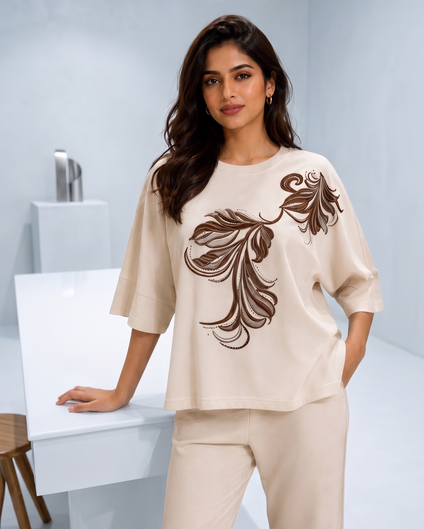 Elegant Leaf Print Drop-Shoulder Top