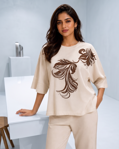 Elegant Leaf Print Drop-Shoulder Top