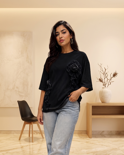 Oversized 3D Rose Appliqué Top