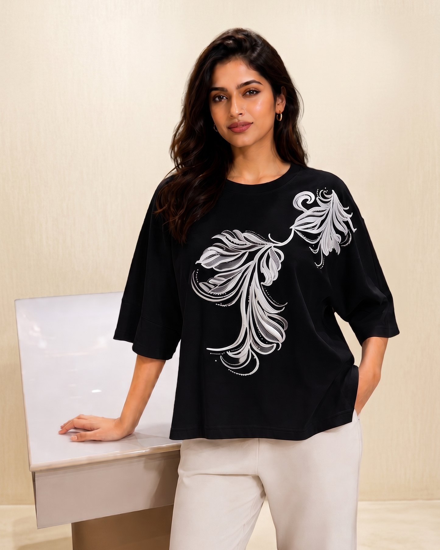 Elegant Leaf Print Drop-Shoulder Top