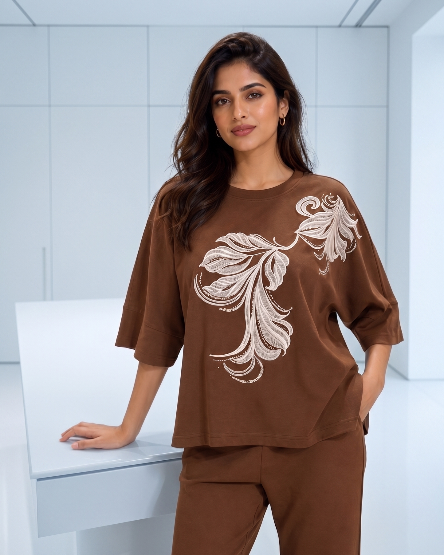 Elegant Leaf Print Drop-Shoulder Top