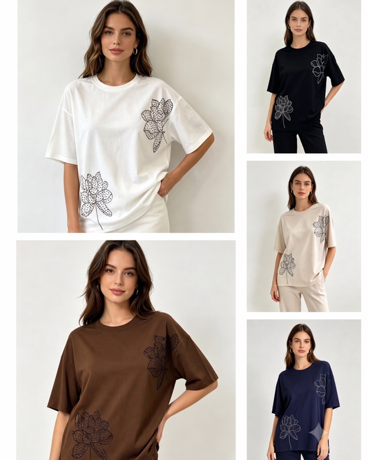 Chic Studded Botanical Drop Shoulder Top