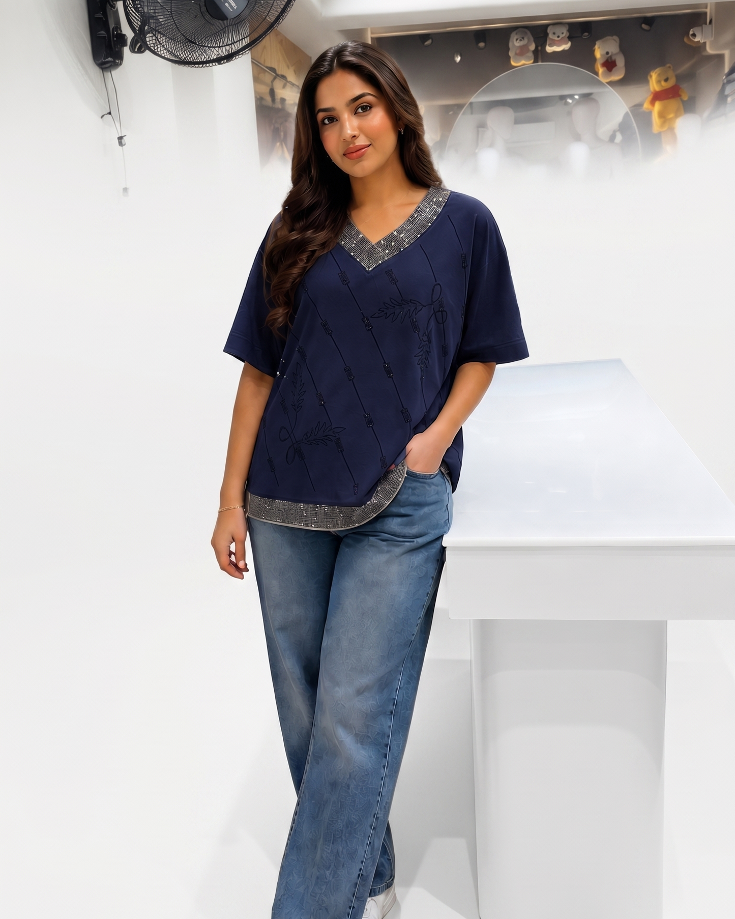 Embellished V-Neck Relaxed Top