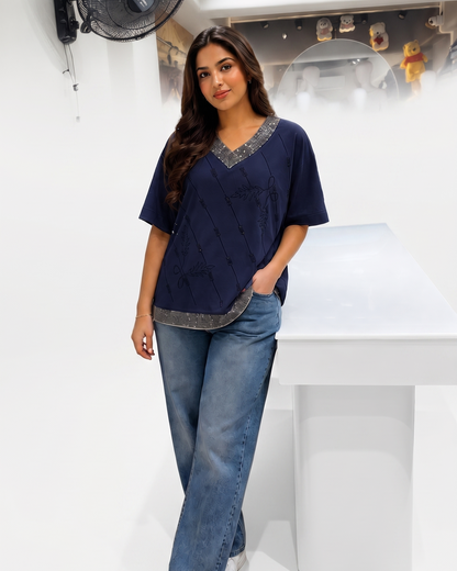 Embellished V-Neck Relaxed Top