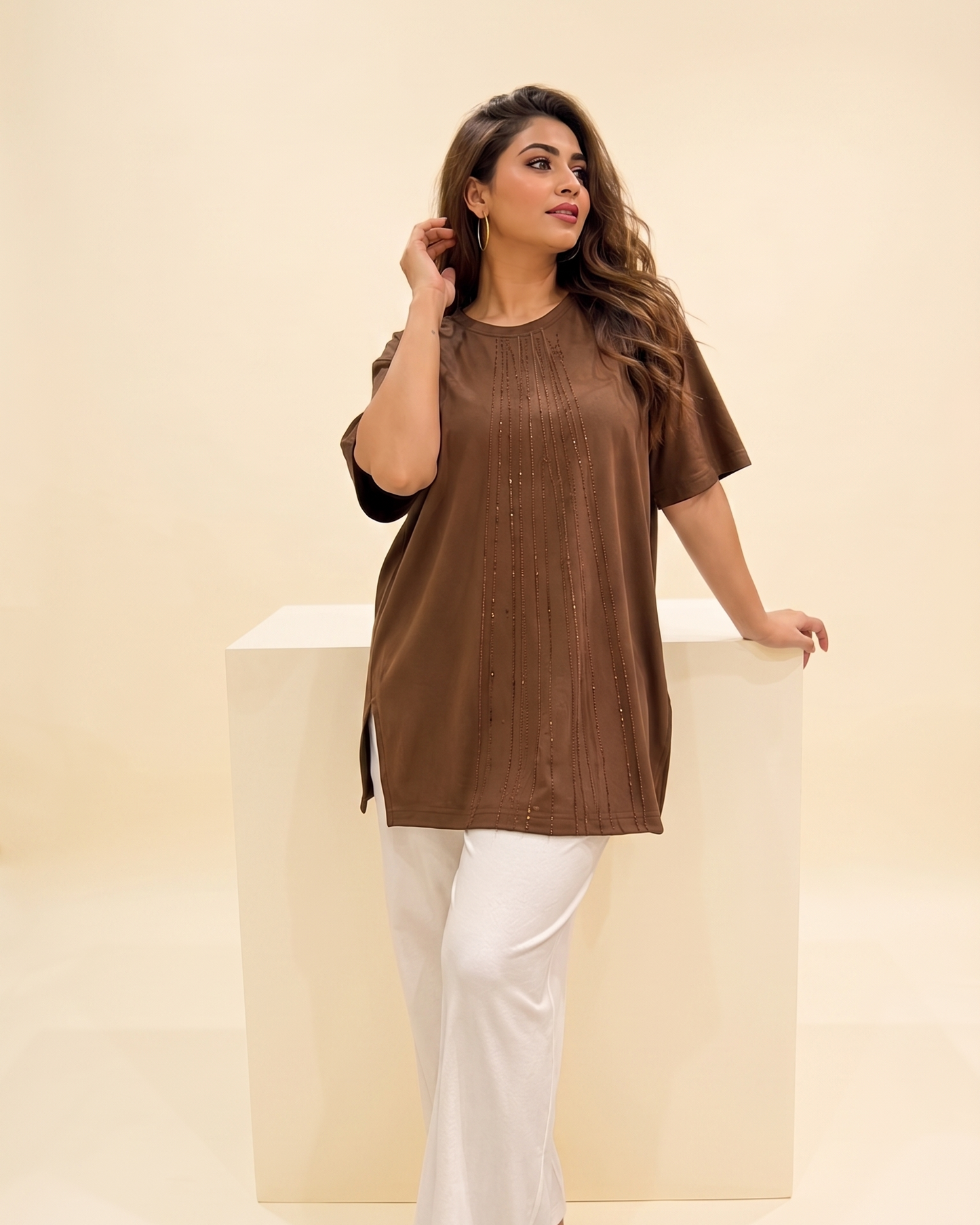 Rhinestone Pinstripe Half-Sleeve Tunic