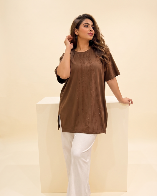 Rhinestone Pinstripe Half-Sleeve Tunic