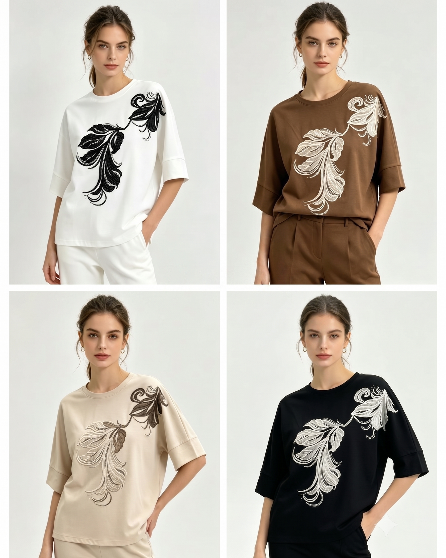 Elegant Leaf Print Drop-Shoulder Top