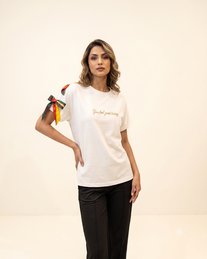 Embroidered Ribbon-Sleeve Top